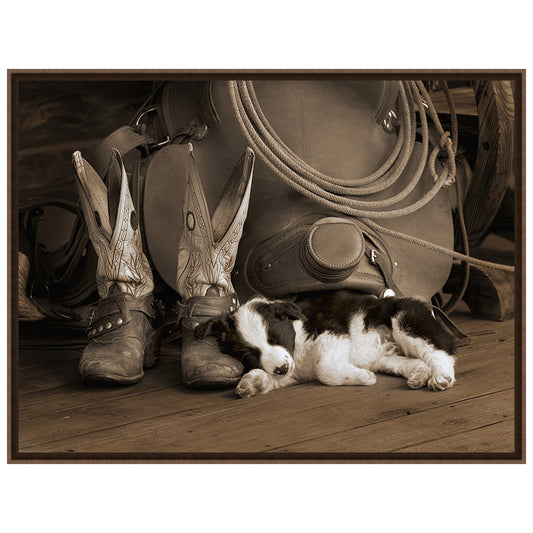 Cowboy Puppy Sepia Framed Canvas