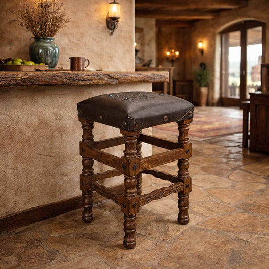 Wilmington Solid Wood Barstool with Tooled Leather Seat