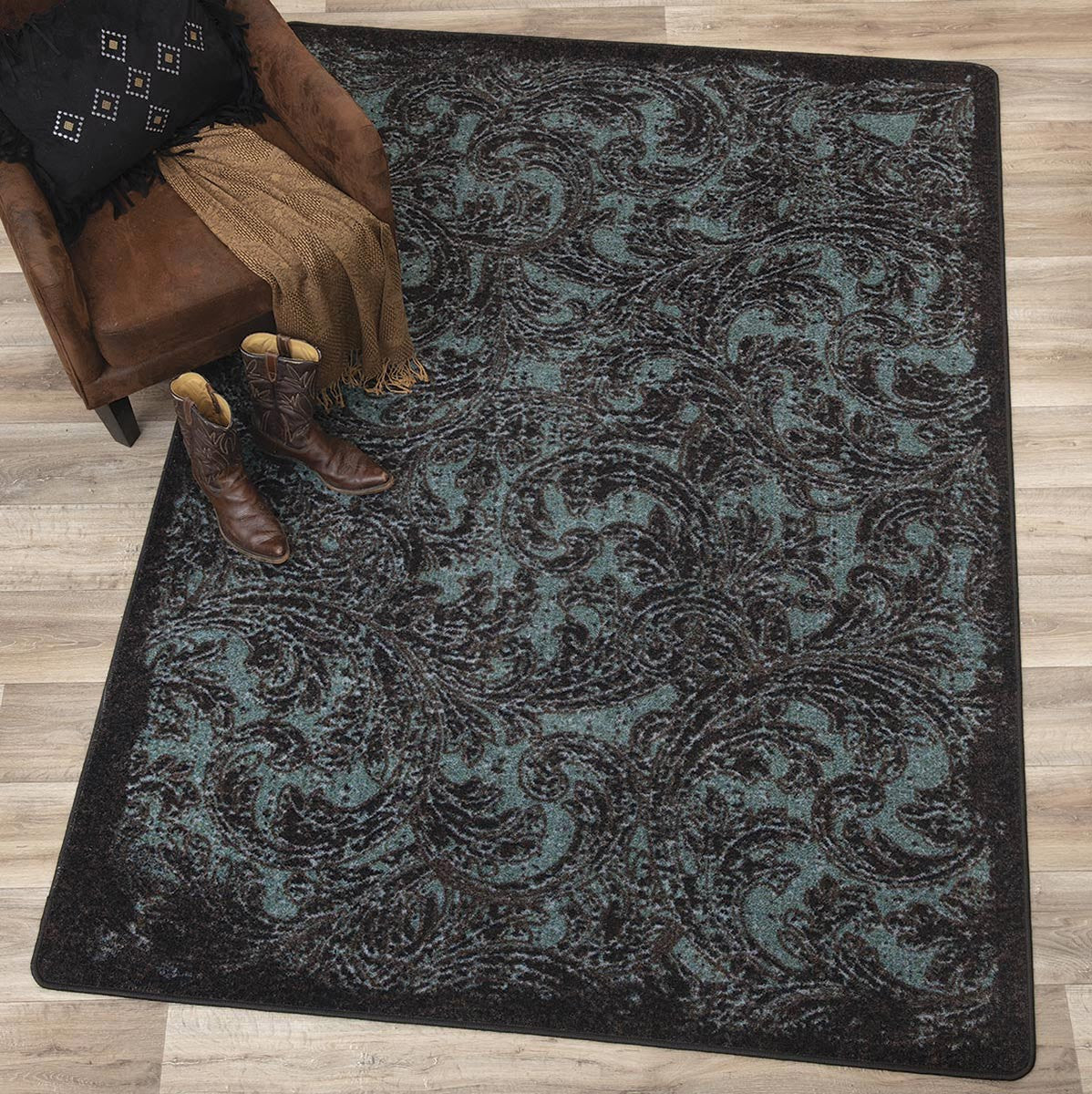 Turquoise Scroll Tooled Rug - 2 x 8