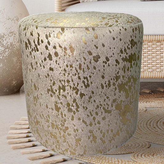 Gold Splashed Cowhide Round Pouf