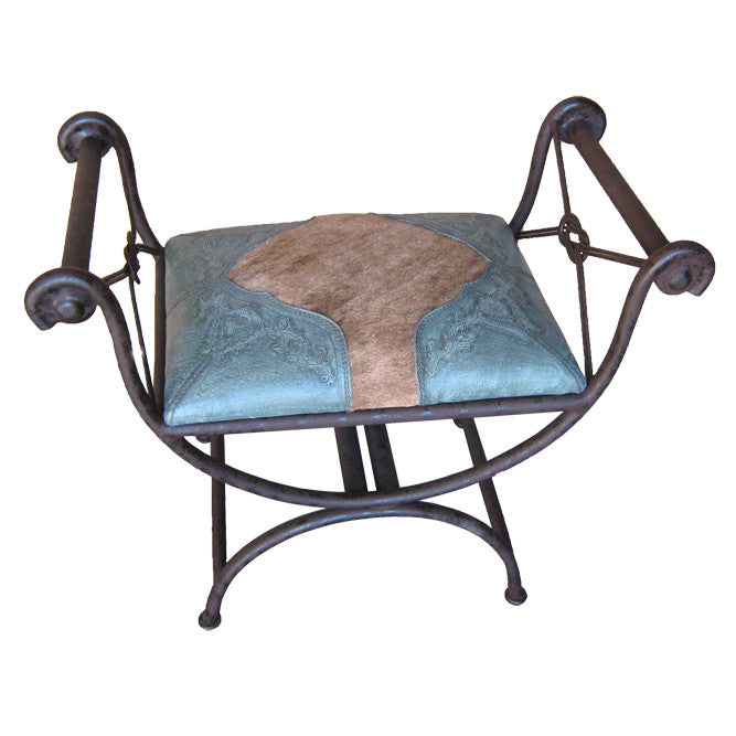 Western Single Vanity Bench with Hair on Hide - Turquoise