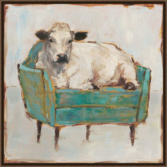 Cow on Couch Framed Canvas