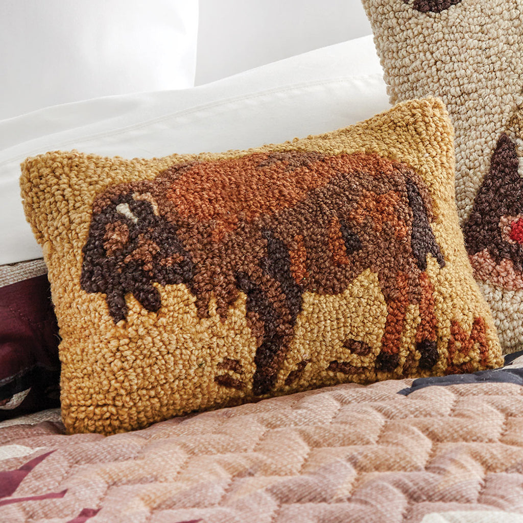 Golden Buffalo Hooked Wool Rectangle Pillow