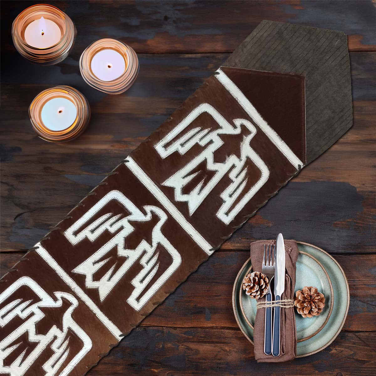 Fringed Lightning Hawk Brown Leather Table Runner - 120 Inch