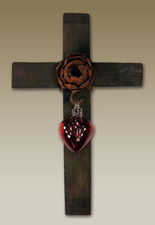 Red Glass Heart Wall Cross - Medium