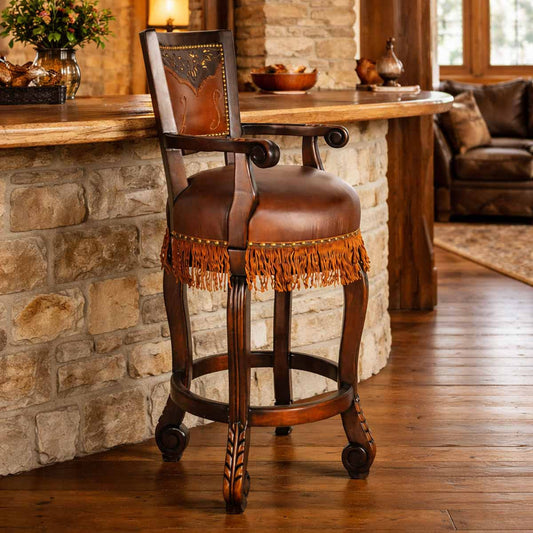 Trail Boss Tooled Leather Barstool with Fringe