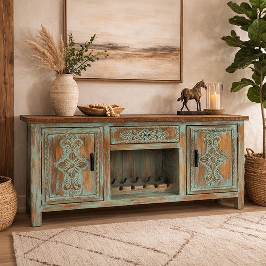 Brandon Hand Carved Sideboard with Wine Rack - Multicolor