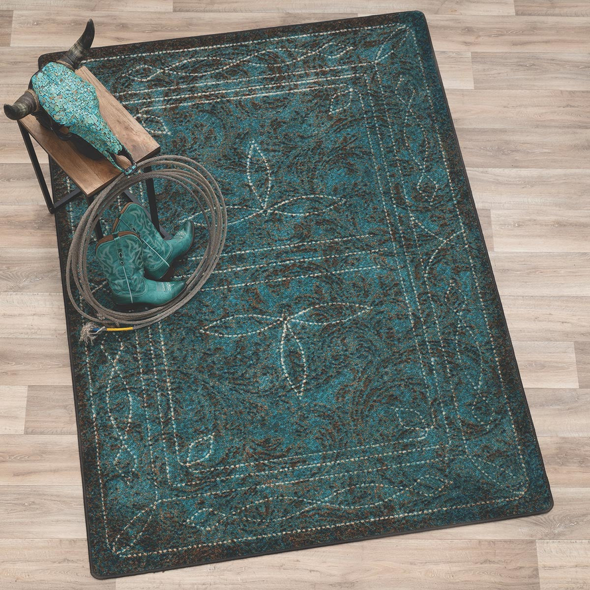 Western Boot Stitched Turquoise Rug - 8 x 11