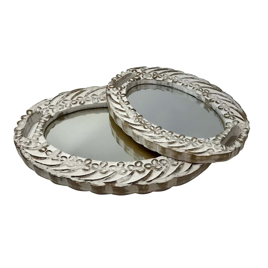 Etched Vintage White Mirror Trays - Set of 2