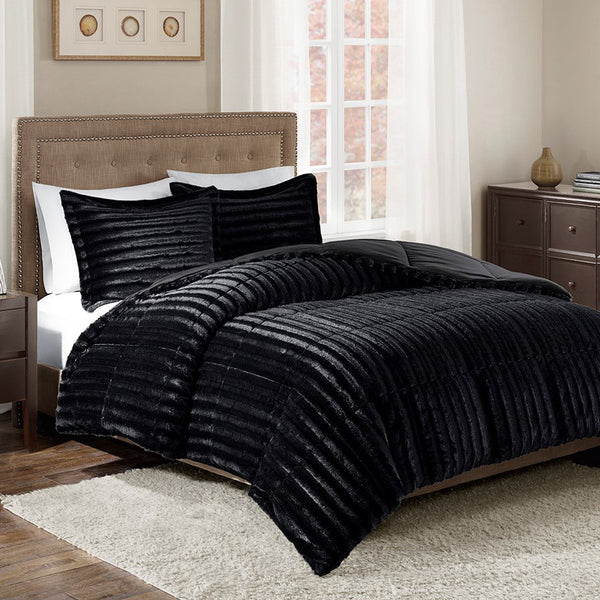 Logan Black Faux Fur Comforter Set - King
