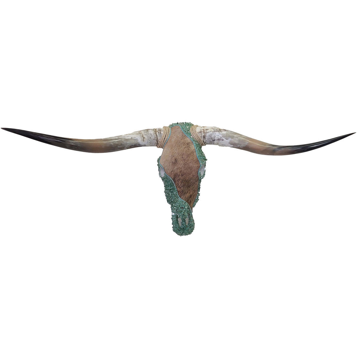 Authentic Longhorn Skull with Brindle Cowhide & Jade Glass