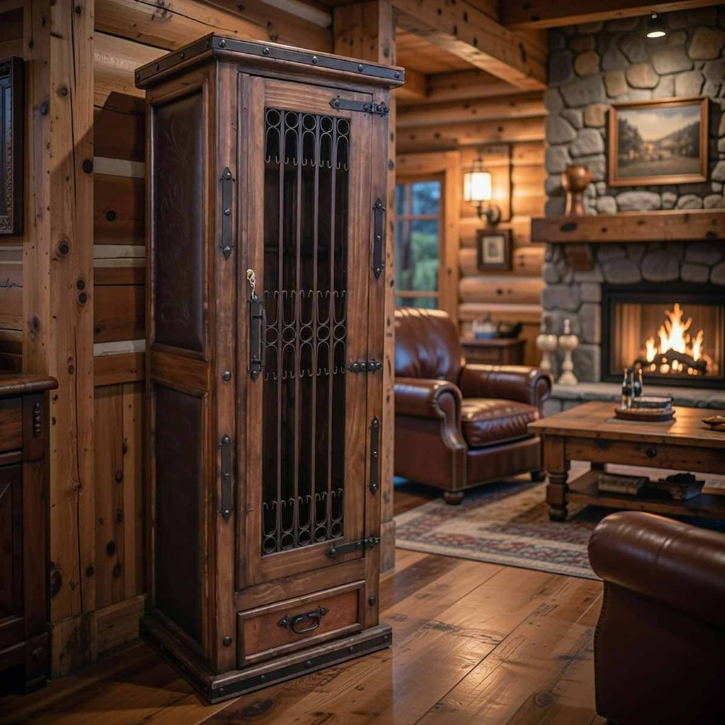 Scouter Wood Storage Cabinet with Tooled Leather Detail