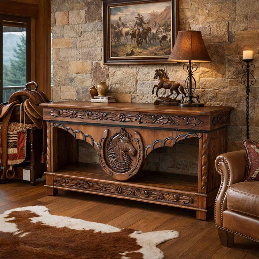 Spirit Lift-Top Console with Hand Carved Horse Detail