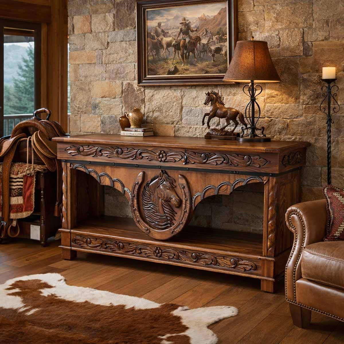 Spirit Lift-Top Console with Hand Carved Horse Detail