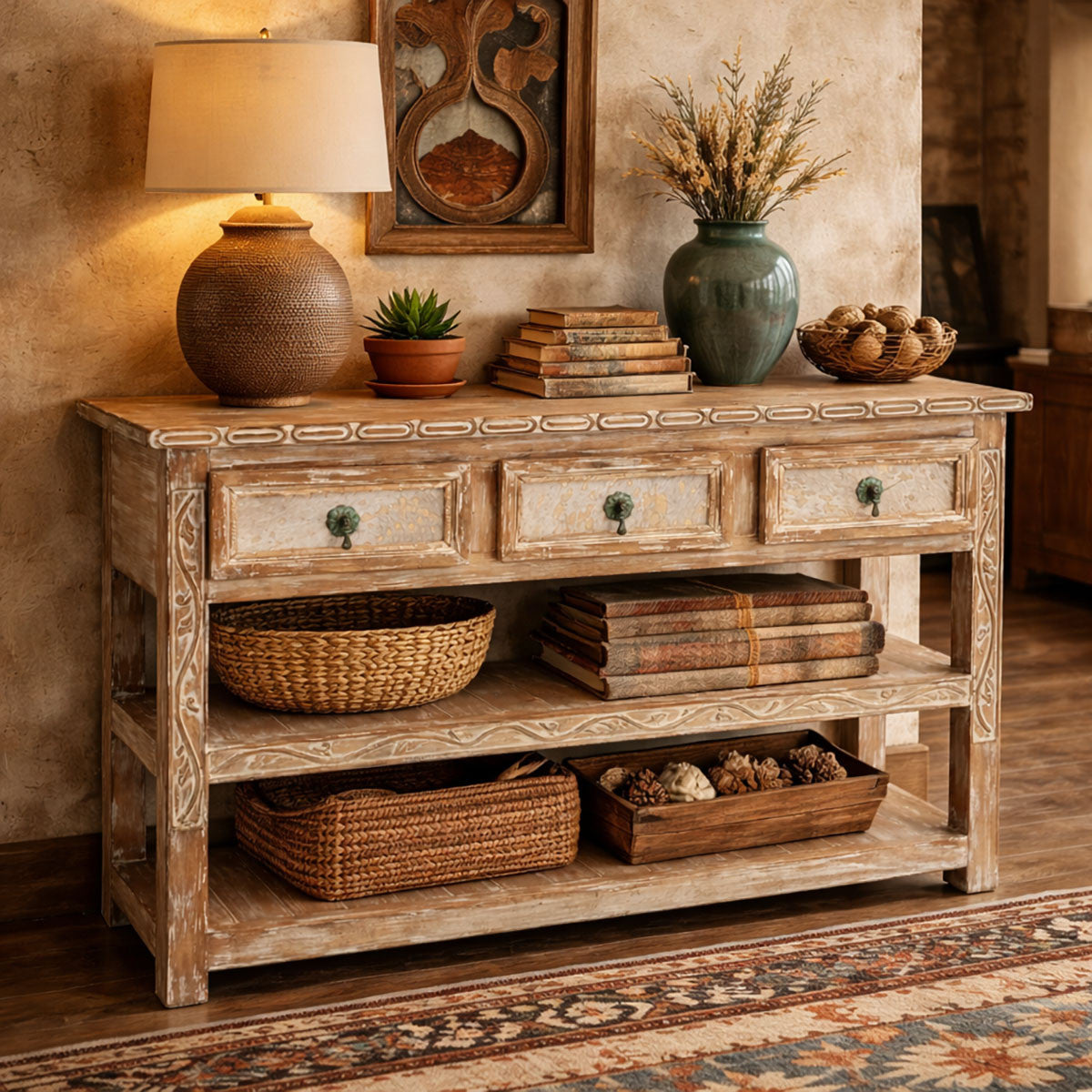 Sioux City Carved Console with Cowhide Accents