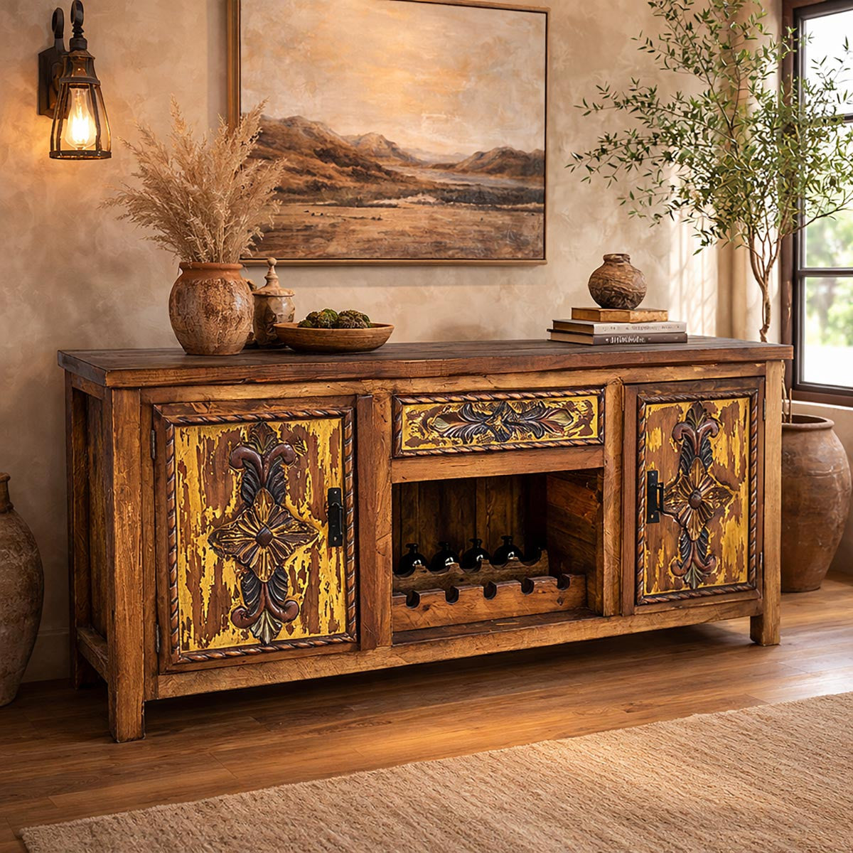 Brandon Hand Carved Sideboard with Wine Rack - Turquoise
