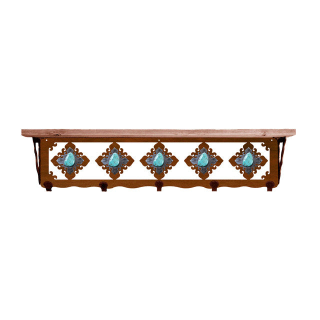 Turquoise Stone 34 Inch Pine Hook Shelf