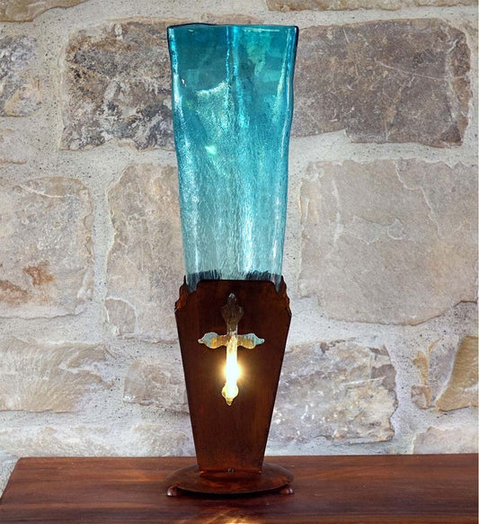 Turquoise Glass Cross Lamp - OUT OF STOCK UNTIL 05/25/2026