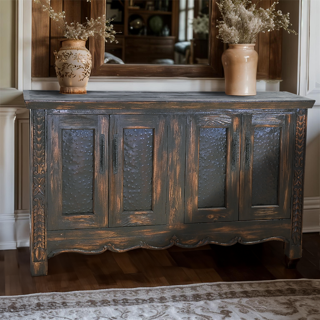 Outlaw Carved Wood Buffet with Beaten Metal Panels