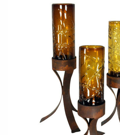 Spider Web Amber Glass Cylinder on Iron Base - Large