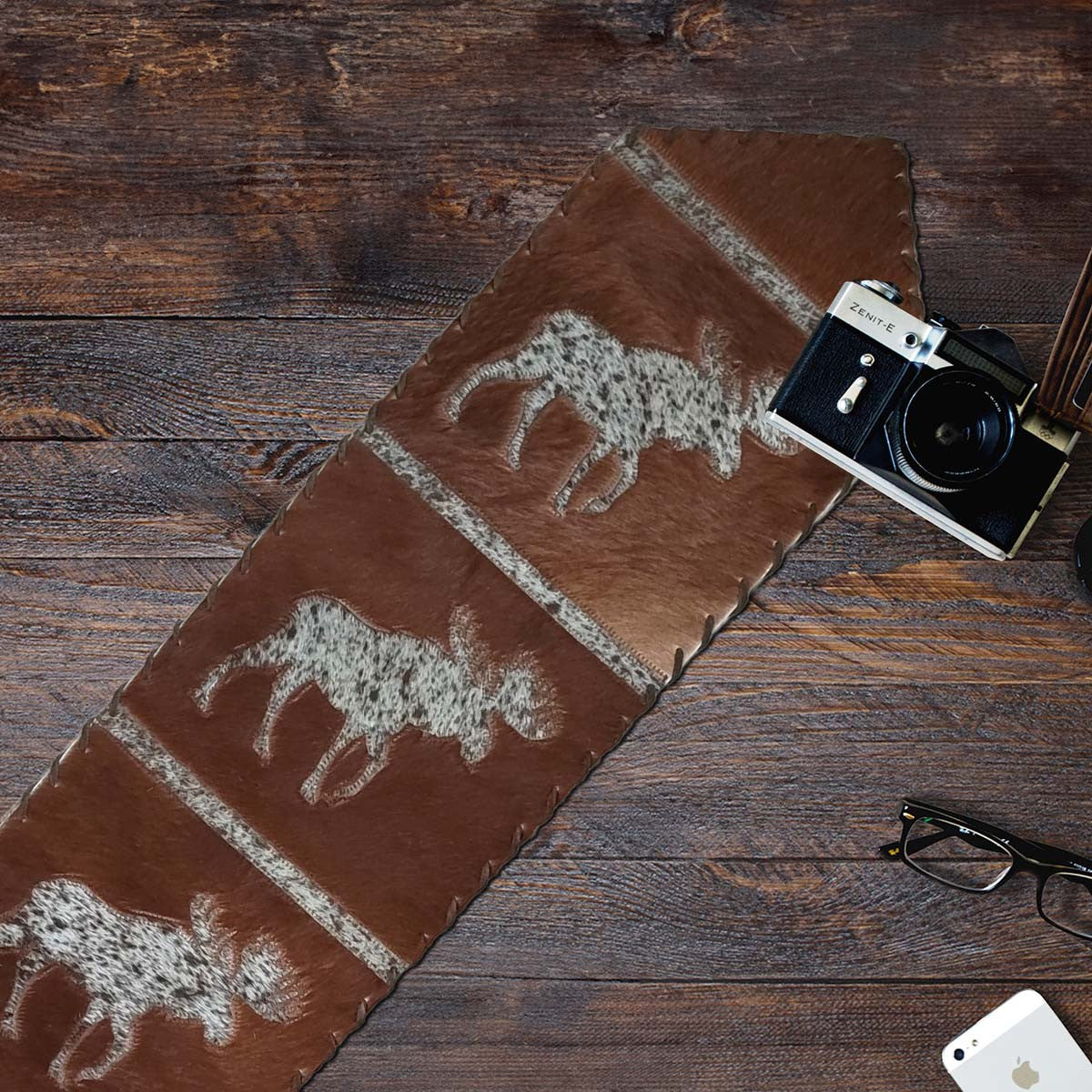 Moose Salt & Pepper Leather Table Runner - 96 Inch