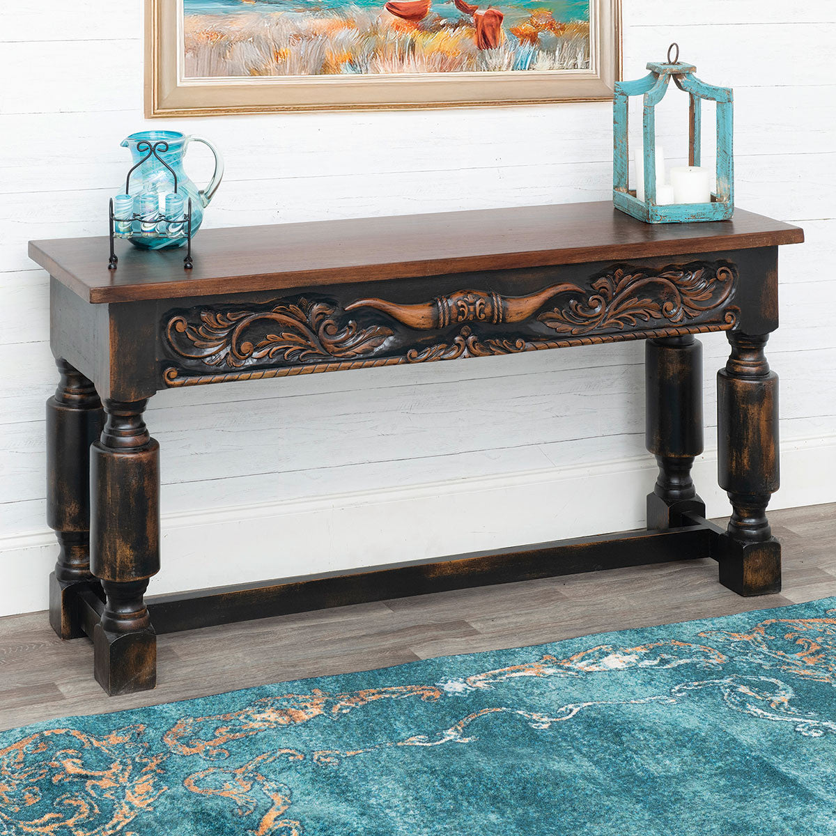 Cattle Baron Carved Longhorn Console Table