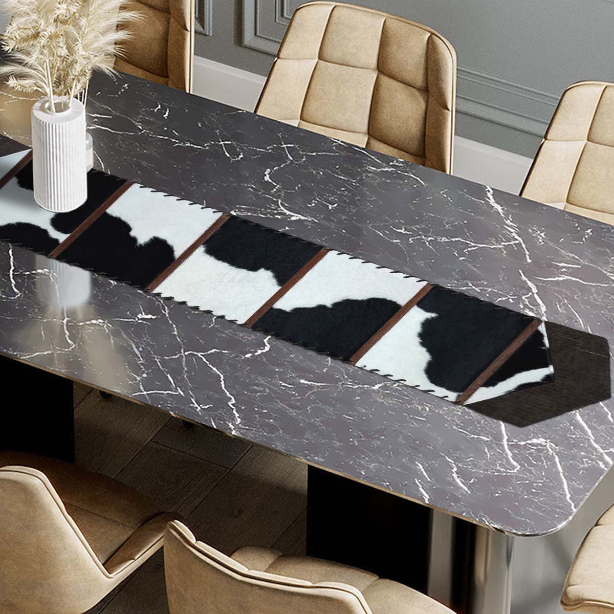Fringed Holstein Leather Table Runner - 120 Inch