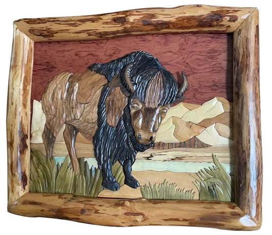 Hand Carved Buffalo Wood Wall Art