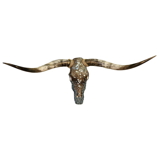 Authentic Longhorn Skull with Acid Wash Turquoise Cowhide & Lagoon Glass