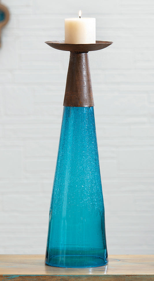 Reversible Candle Holder / Vase with Crackled Turquoise Glass and Candle - Large