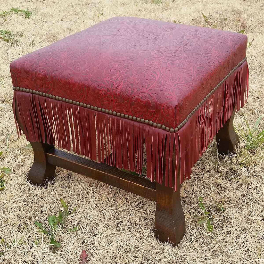 Crimson Fringe Leather Ottoman