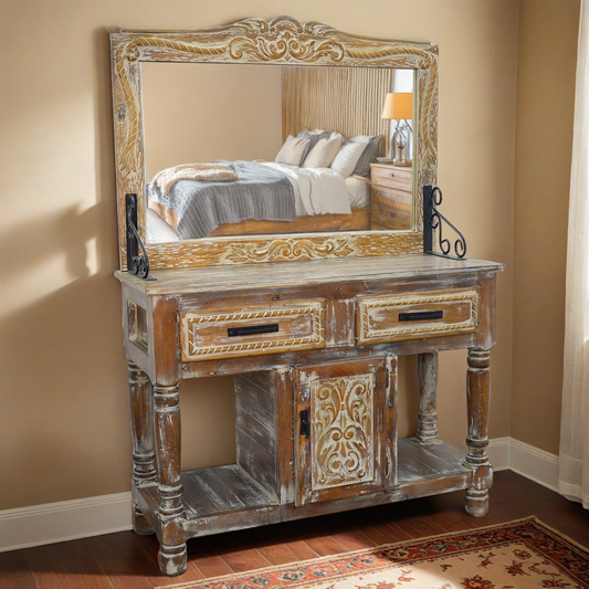 Whitewashed Rope Carved Hall Tree with Mirror