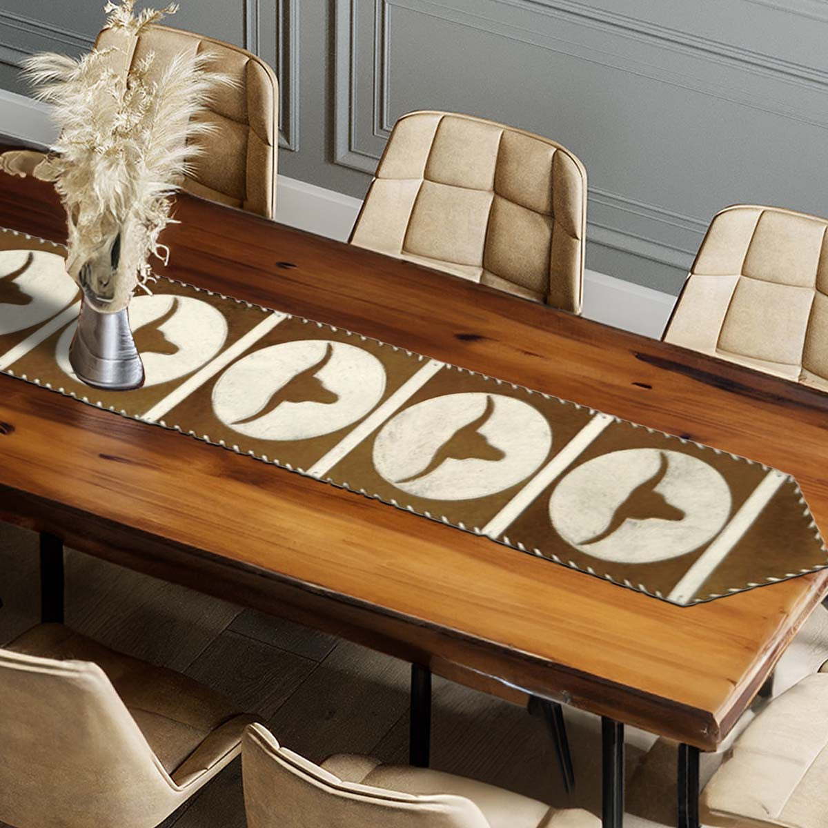 Brown Longhorn Moon Cowhide Table Runner - 96 Inch