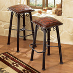 Coronado Iron Counter Stool with Tooled Leather Seat - Set of 3