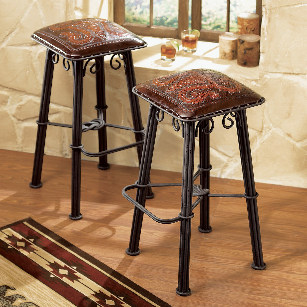 Coronado Iron Counter Stool with Tooled Leather Seat - Set of 3