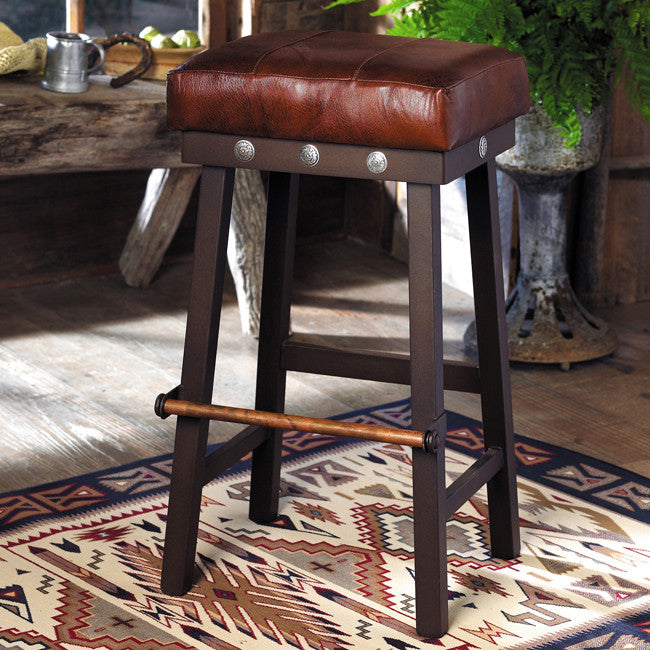 Leather and Iron Barstool with Silver Conchos - 24 Inch