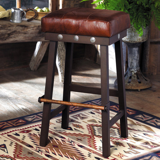 Leather and Iron Barstool with Silver Conchos - 24 Inch