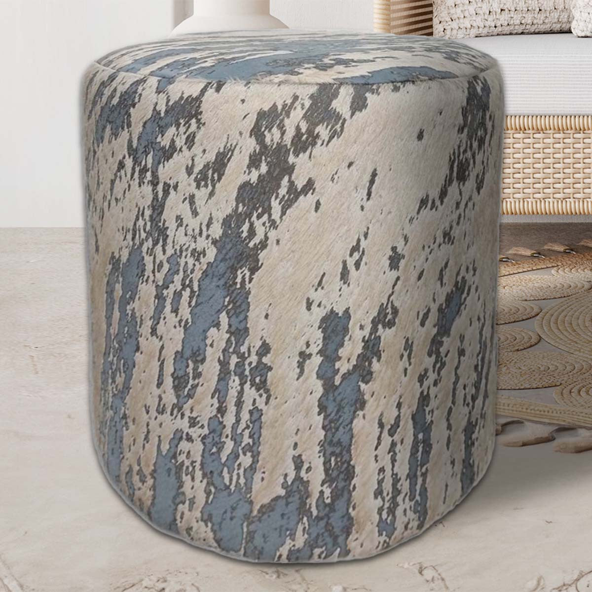 Confetti Gray Cowhide Round Pouf