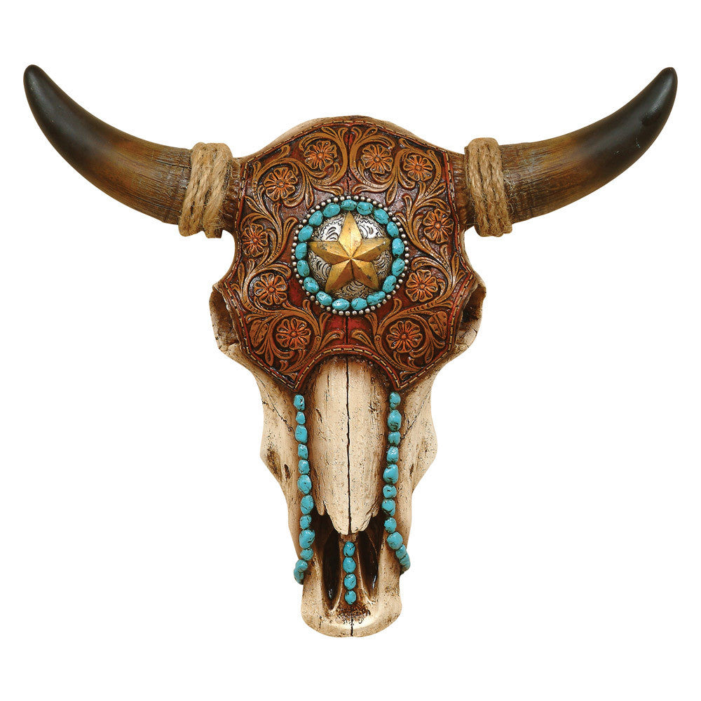 Bull Skull with Tooled Leather Design