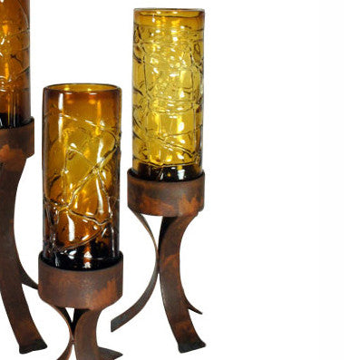 Spider Web Amber Glass Cylinder on Iron Base - Medium