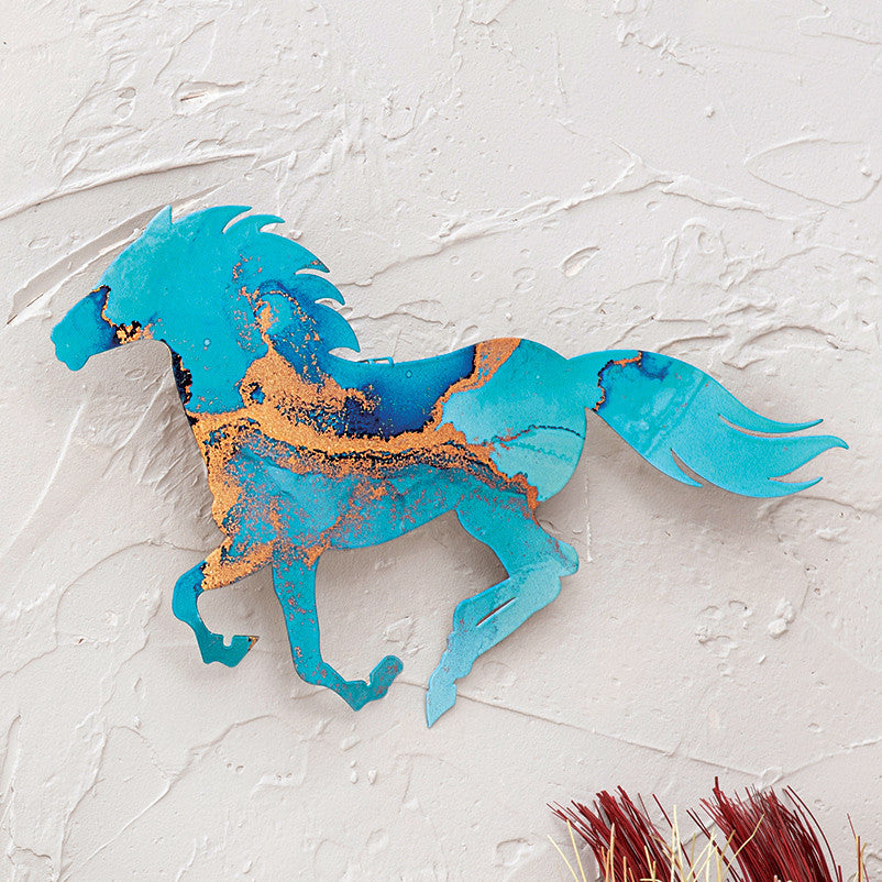 Turquoise Swirl Running Horse Metal Wall Art - Small