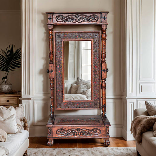 Annabelle Wood Mirror with Tooled Leather Detail