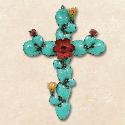 Turquoise Blooms Cactus Cross Wall Art