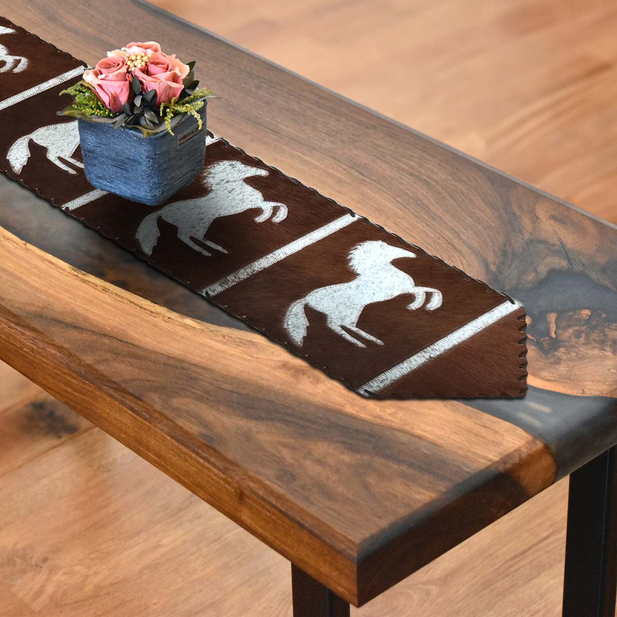 Running Horses Dark Brown Table Runner - 96 Inch