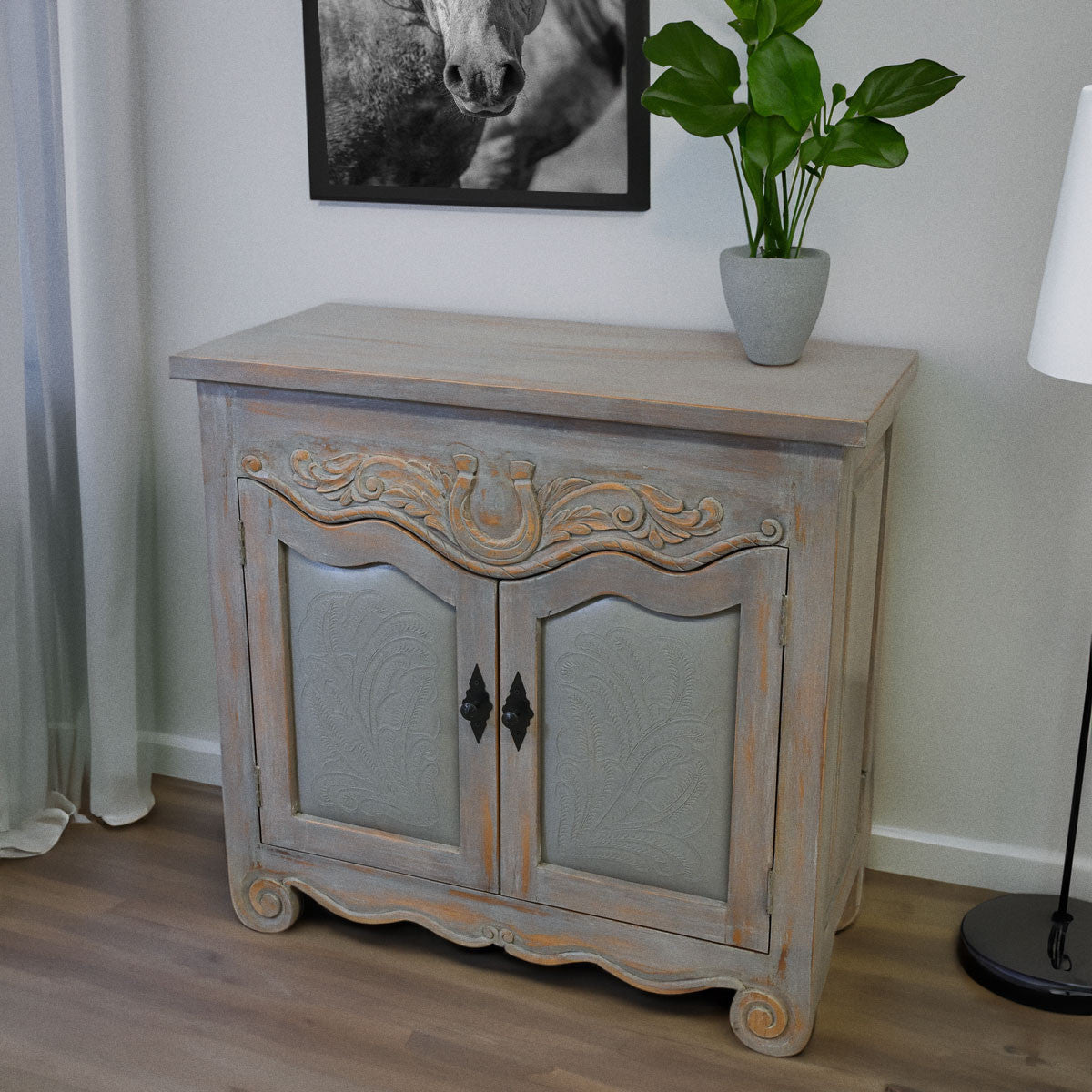 Horseshoe Cabinet with Leather Accents