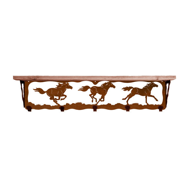 Wild Horses 34 Inch Pine Hook Shelf