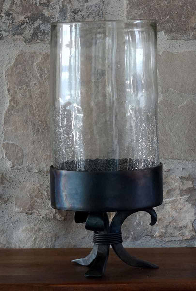 Glass Cylinder Candle Holder on Forged Iron Base - Small - OVERSTOCK