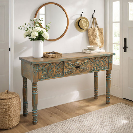 Fiesta Carved Console Table - Turquoise Wash