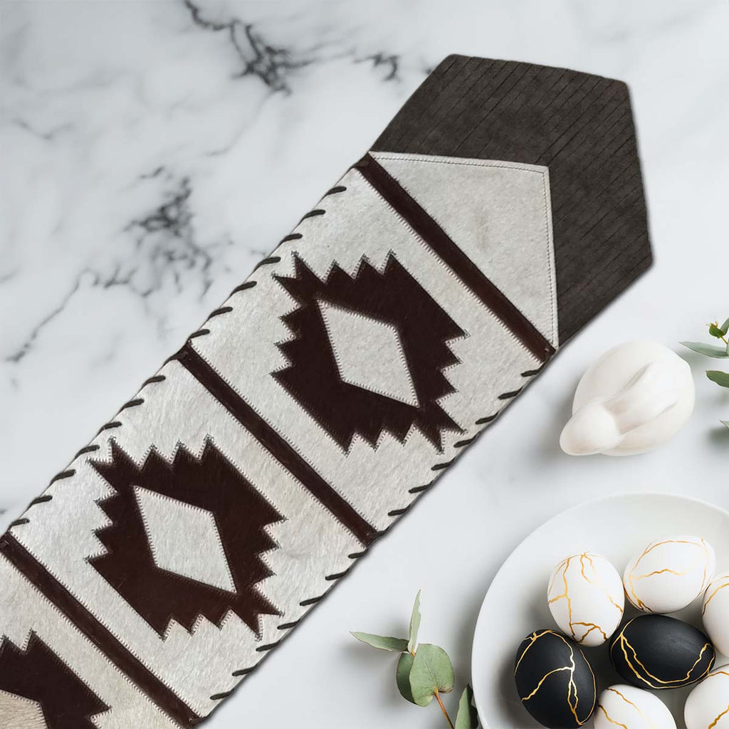 Fringed Ivory Step Pattern Cowhide Table Runner - 120 Inch