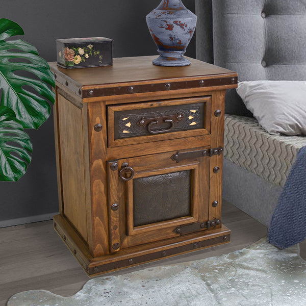 North Fork Tooled Leather Nightstand - Opens Right